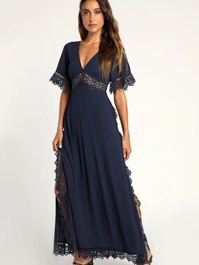 Lulu's Sweeten the Occasion Navy Blue Lace Short Sleeve Maxi Dress, NWT, size M